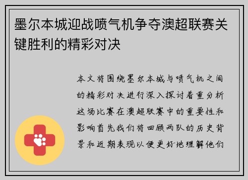 墨尔本城迎战喷气机争夺澳超联赛关键胜利的精彩对决