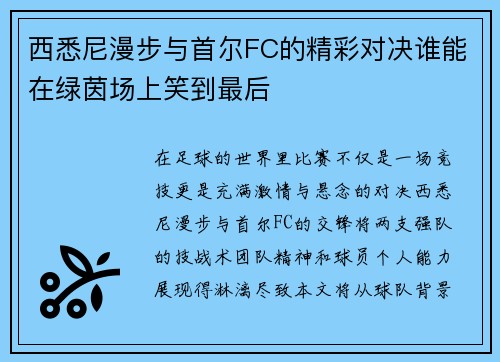 西悉尼漫步与首尔FC的精彩对决谁能在绿茵场上笑到最后