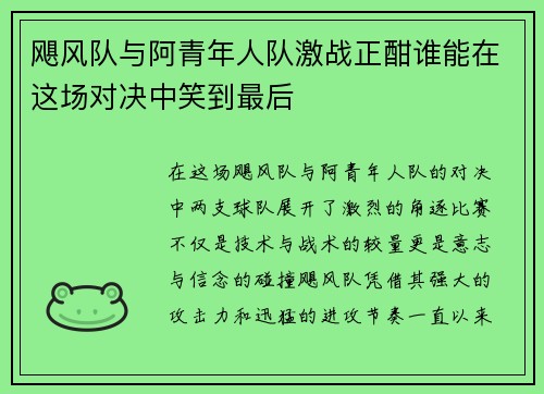 飓风队与阿青年人队激战正酣谁能在这场对决中笑到最后