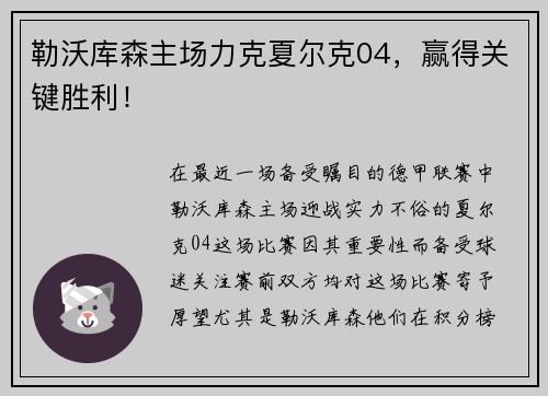 勒沃库森主场力克夏尔克04，赢得关键胜利！