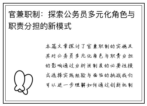 官兼职制：探索公务员多元化角色与职责分担的新模式