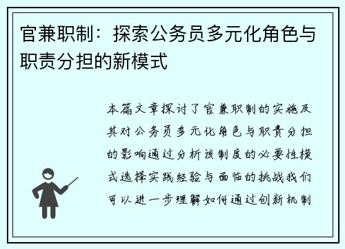 官兼职制：探索公务员多元化角色与职责分担的新模式