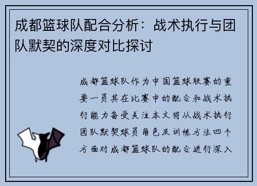 成都篮球队配合分析：战术执行与团队默契的深度对比探讨